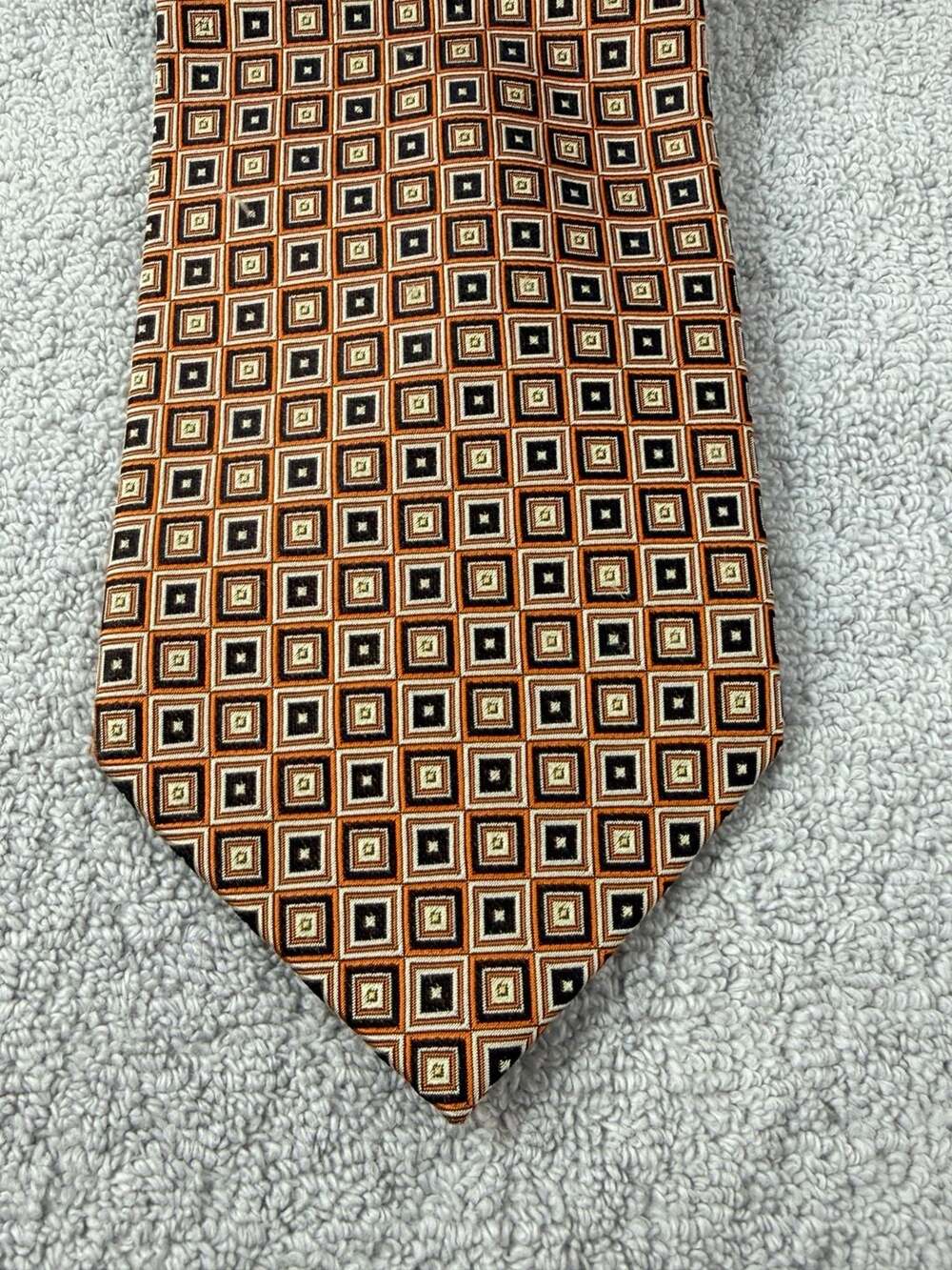 Pierre Cardin Silk Neck Tie Geometric Orange Brown Square Pattern